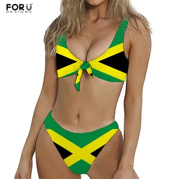 

FORUDESIGNS 2020 Fashion Bikini Set Women Swimsuits Jamacian Flag Print Knot Brazilian Two Pieces Lace Up Female Swimwear Bikini