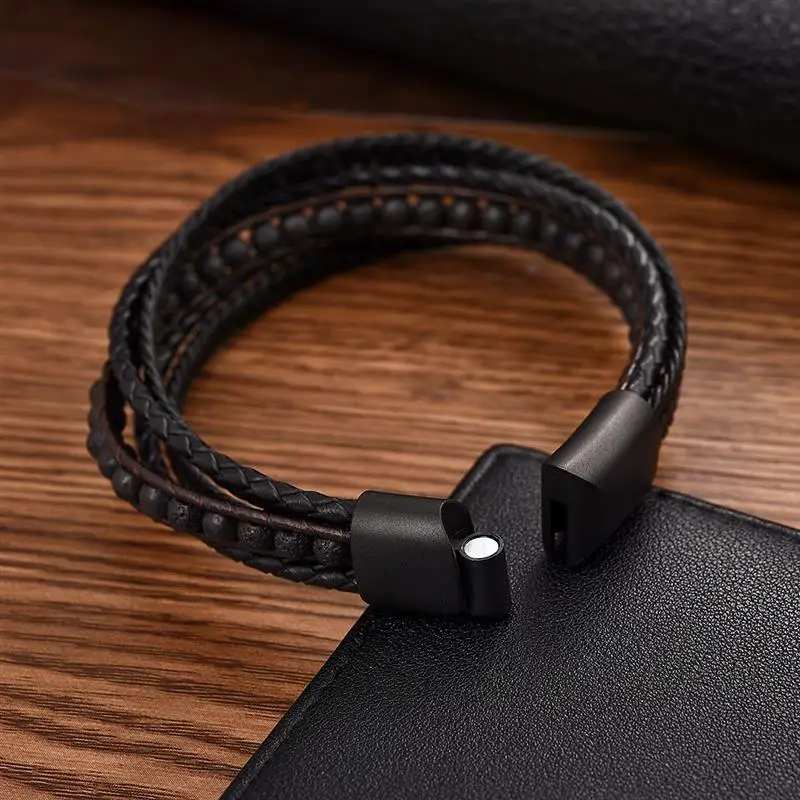 Jiayiqi Men’s Bracelets Natural Stone Multilayer Leather Braided Bracelet Green Beads Bangle Vintage Male Jewelry Wristband Gift