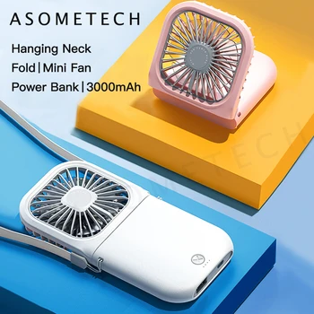 

Foldable USB Fan Mobile Phone Cooler Hands-Free Hanging Air Cooling Fan 3000mAh Summer Mini Portable Fan Emergency Power Bank