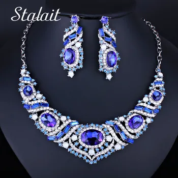 

Dubai Silver Color Blue Jewelry Sets Wedding Oval Large Crystal Women Bridal Jewelry Rhinestones Choker Necklace Earrings Set