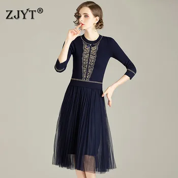

Elegant Lady Autumn Winter Clothes Women Fashion Designers Mesh Patchwork Midi Knitted Sweater Dresses Vestidos Female