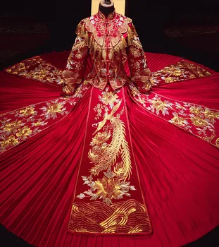 Matrimonio tradizionale cinese da sposa elegante abito lungo Cheongsam elegante sposa drago Phoenix Vintage muslimah