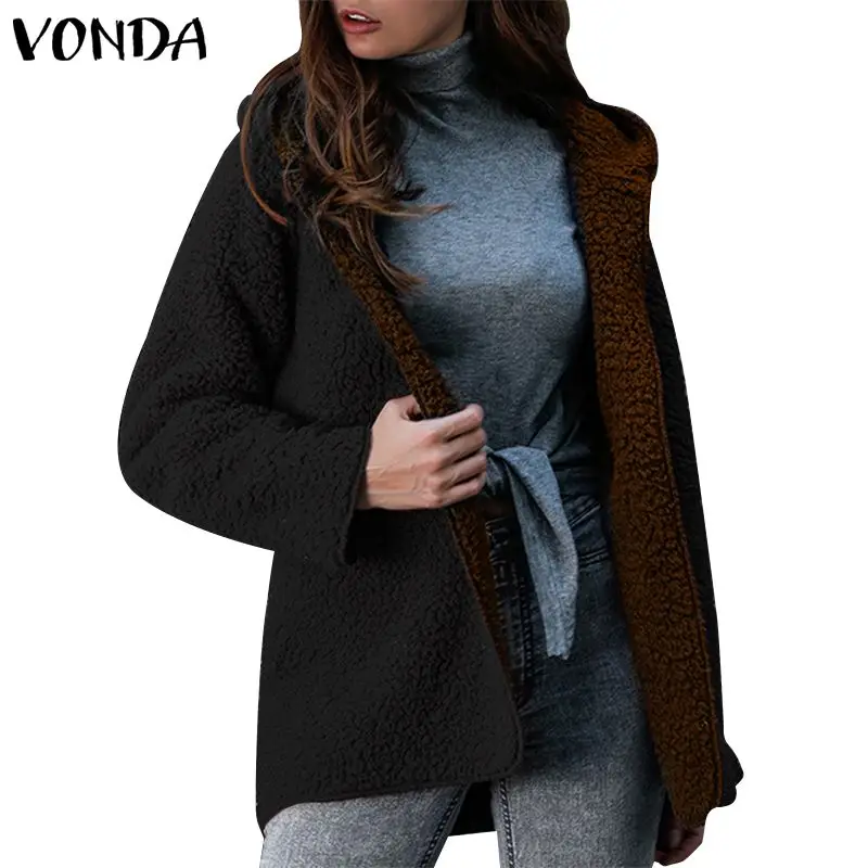 VONDA женские осенние пальто из искусственного меха зимние пальто с капюшоном куртки длинный рукав толстый флисовый кардиган пальто плюс размер 5XL