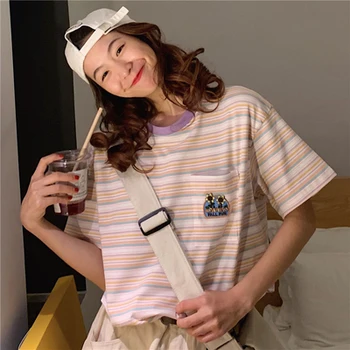 

3 Sizes Japanese Style College Wind Colorful Striped Flower Embroidered Pocket 2020 Summe Spring Female Women Tops T-shirts