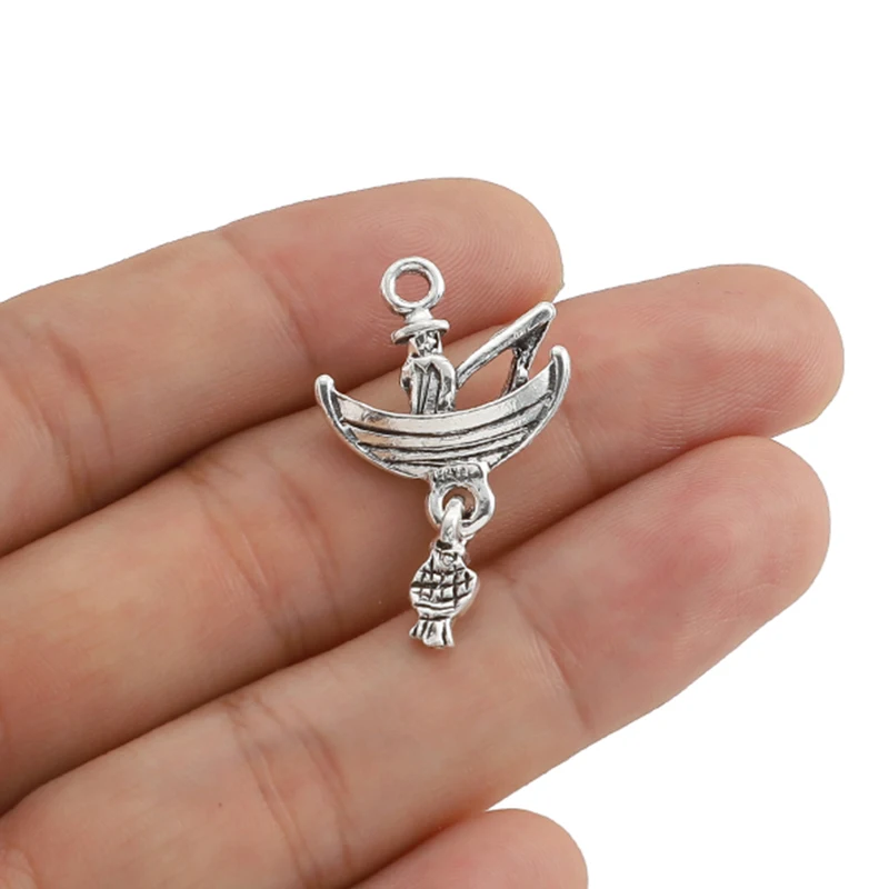

20PCS 28*18mm Charms Antique Silver Color Boat And Fisherman Charm Pendants For Jewelry Making DIY Necklace Bracelet Handmade
