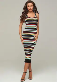

High Quality Bodycon Women Dress 2020 Sexy Tank Knee Length Striped Designer Fashion Evening Party Dress Vestido
