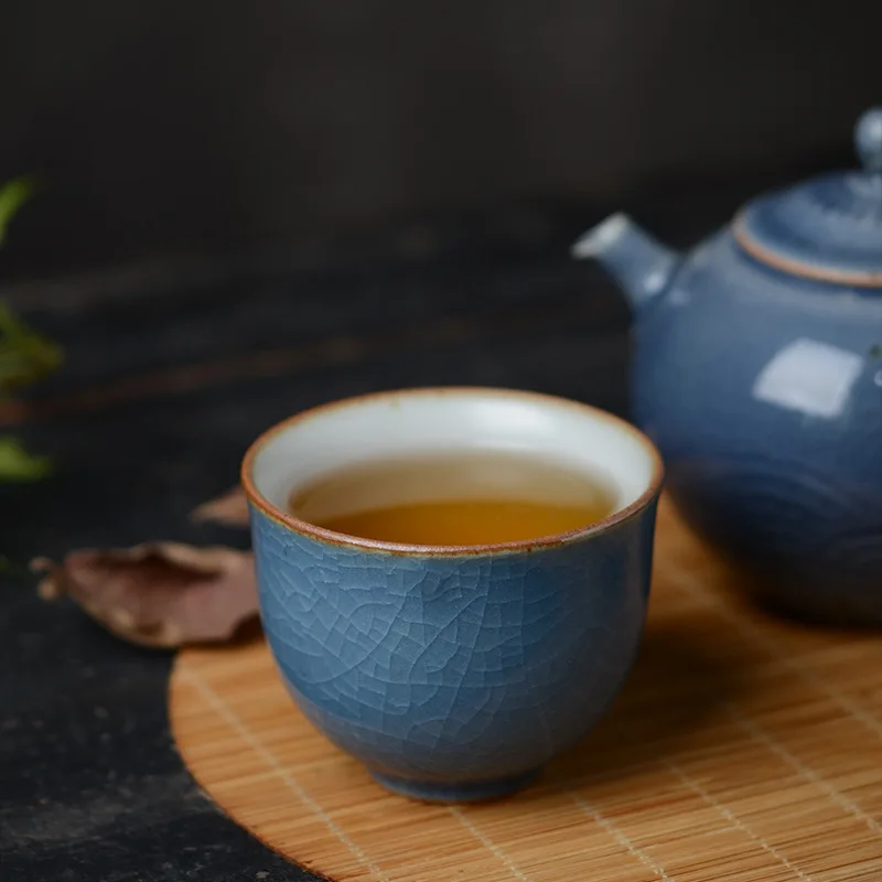 

Ru Porcelain Teacup Personal Single Cup Opening Piece Ruyao Ice Cracked Glaze Glass Tea Set Master Cup Sip Tea Cup Azure Color