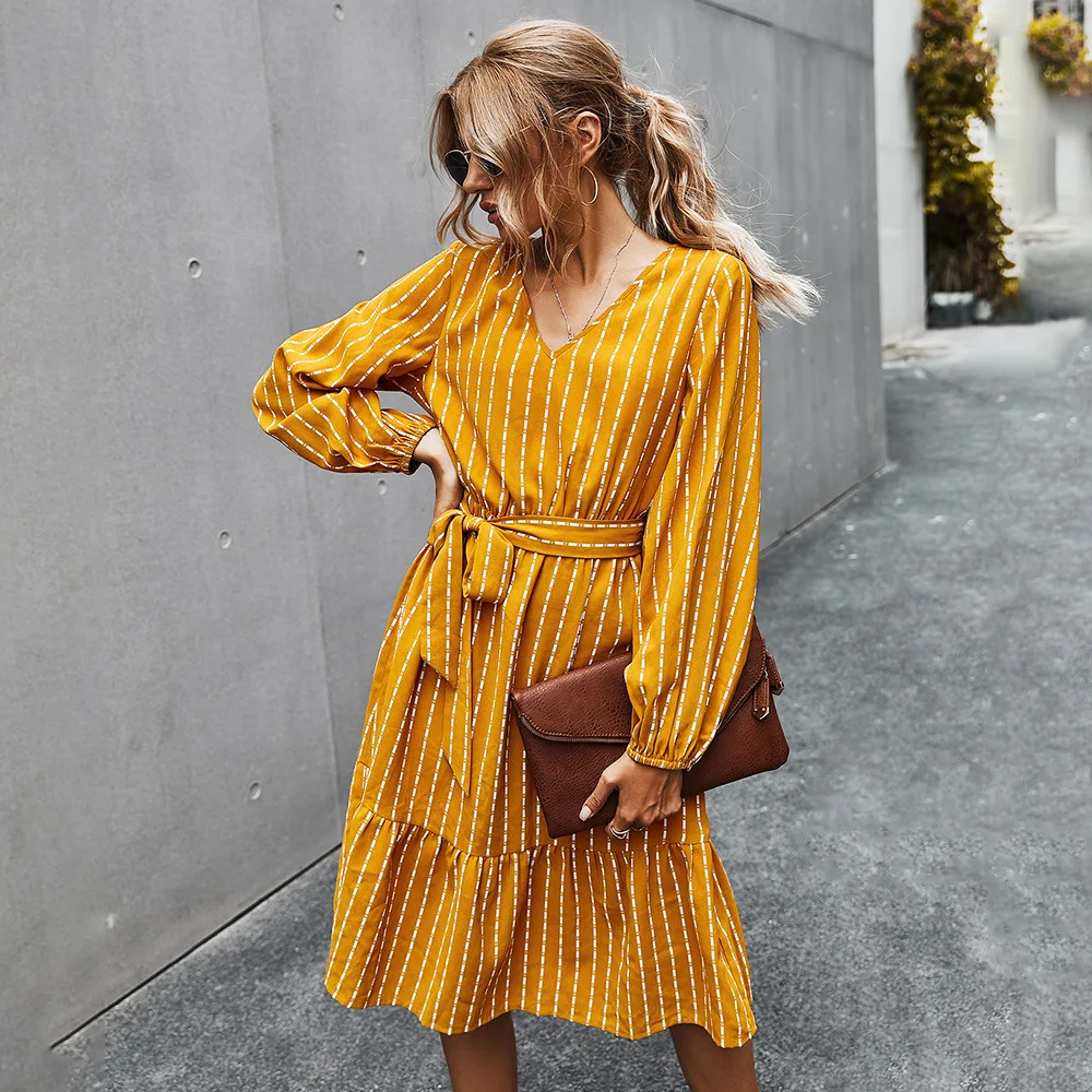 

Women Autumn Zaraing Dress Long Sleeve V Neck Vintage Striped Print Dress with Belt Office Lady Casual A-line Midi Party Dresses