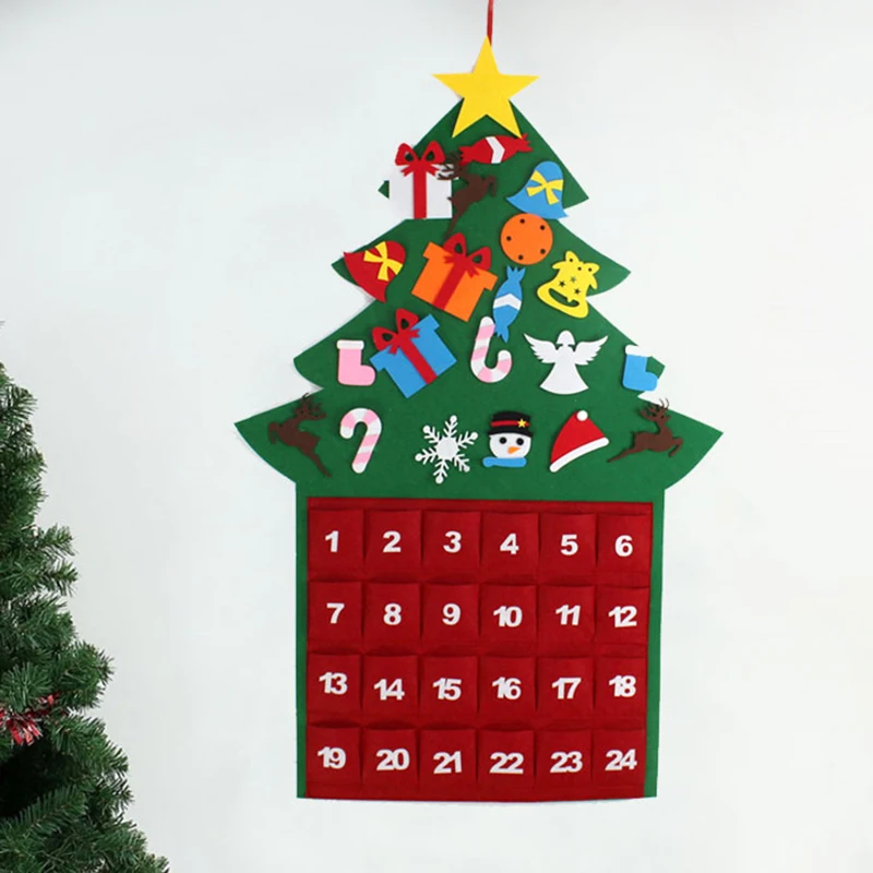 Felt Christmas Tree Ornaments Advent Calendar Set DIY Xmas Countdown Decorations Wall Door Hanging Gift for Kids