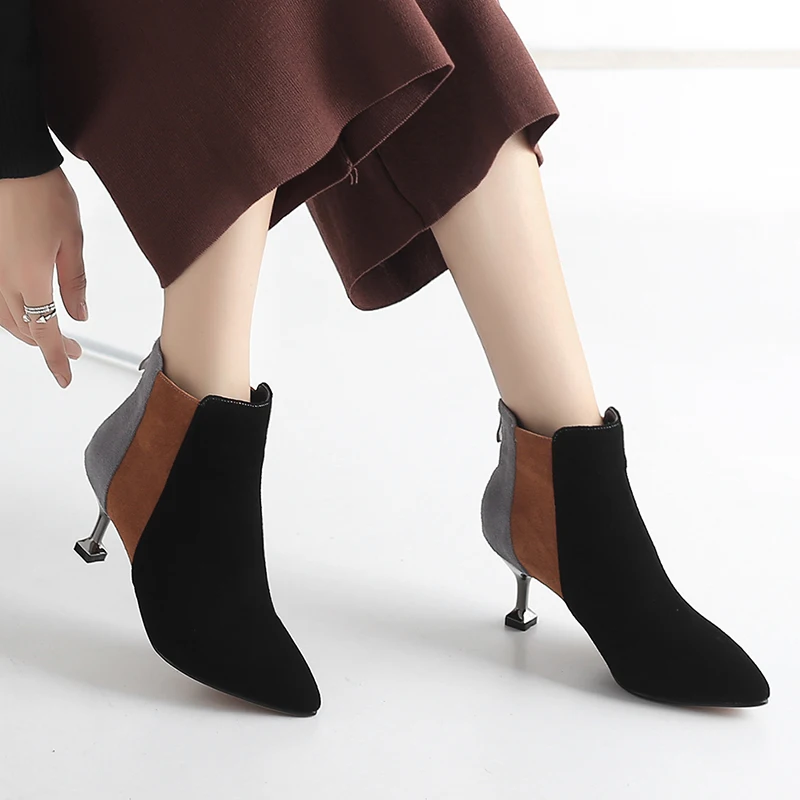 

2019 Winter Shoes Fashion Women Boots Patchwork High Heels Ankle Boots Woman Shoes Pointed Toe Faux Suede botas mujer 76H86