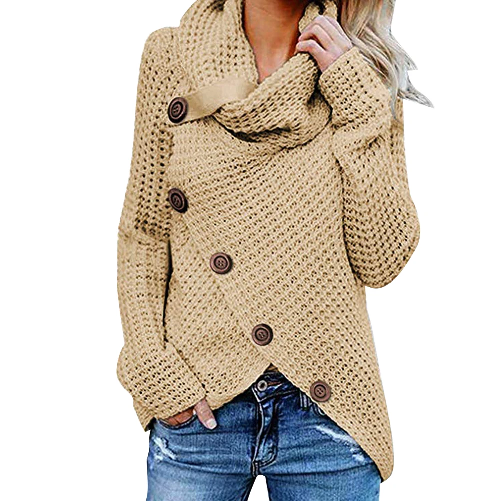 Теплый Повседневный свитер на пуговицах с длинным рукавом и высоким воротником для свиданий, женские вечерние свитера на осень и зиму - Цвет: Khaki