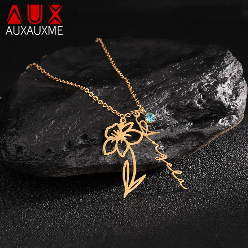 

Auxauxme Custom Birth Flower Birthstone Name Necklace Stainless Steel Personalized Dafodil Colorful Zircon Choker Women Jewelry
