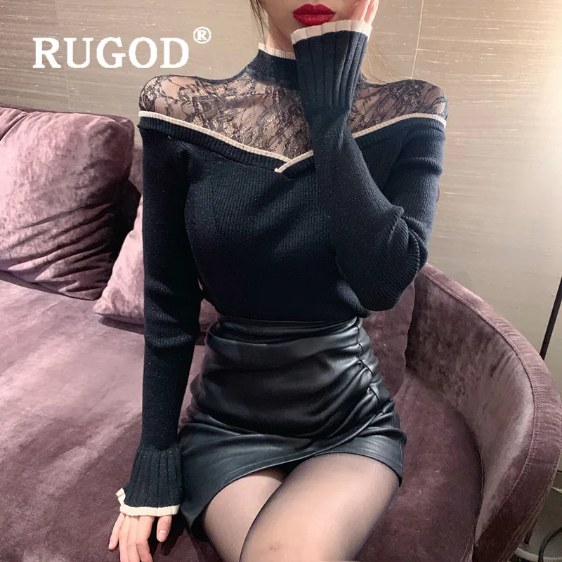 RUGOD вязаный свитер с кружевами, сексуальный пуловер, джемпер, зимние топы для женщин, трикотаж, корейский стиль, женские свитера