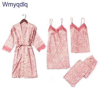 

Wmyqdlq Spring And Summer New Ladies Sexy Leopard Print Sling With Chest Pad Four-Piece Silk Home Service Sleepwear Pyjamas