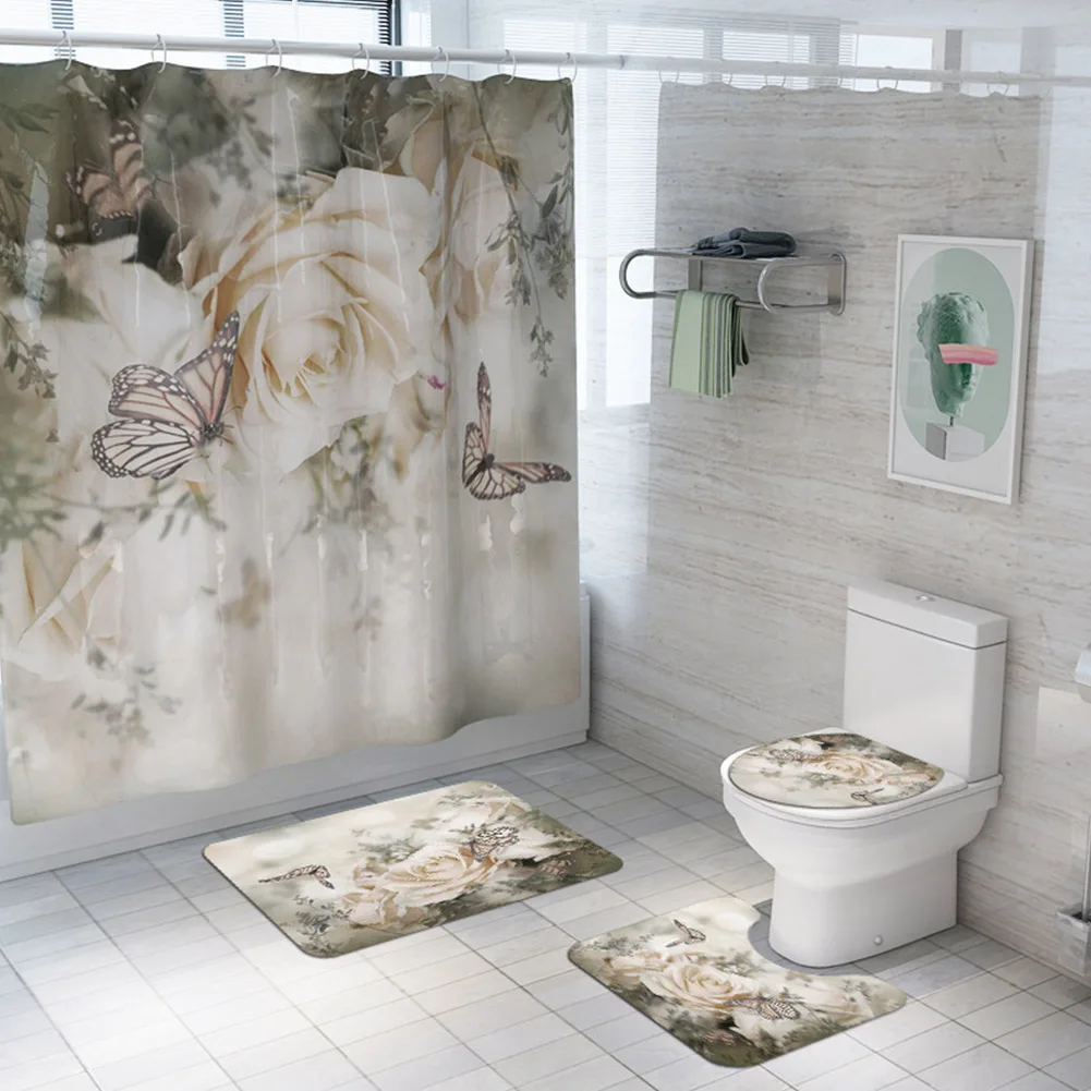 4pcs Water Absorption Daisy Rose Pattern Home Practical Toilet Cover Universal Shower Curtain Set Waterproof Bathroom Mat