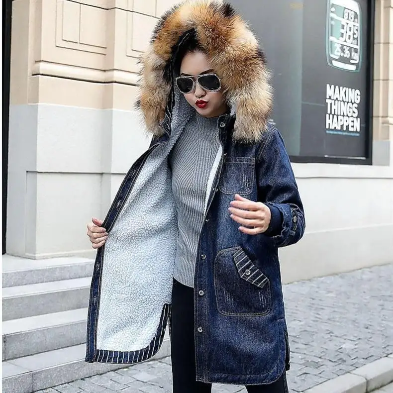 amazing  Plus Size 5Xl European Ladies Winter Hooded Jeans Coat Big Fur Collar Jeans Jacket Female Warm Wool