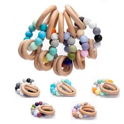 Bebê mordedor de madeira pulseira brinquedos bpa livre anel de madeira personalizado colorido silicone dentição grânulos bebê enfermagem acessórios presente