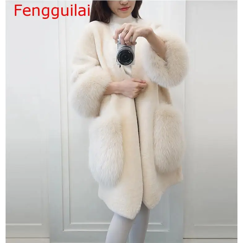 

Women Coat Long Fox Faux Fur Grass Overcoat Manteau Fourrure Femme Seven-quarter sleeve