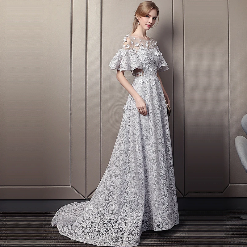 It's Yiiya Lace Evening Dresses O-Neck Short Sleeve Appliques Evening Dresses Long A-Line Plus Size Robe De Soiree K357