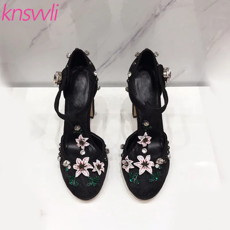 black 6 cm heel Лилии Цветы Стразы на высоком каблуке Для женщин с украшением в виде кристаллов; Цвет драгоценный камень с пряжкой вечерние Обувь для танцев женщина черный, розовый; Zapatos De Mujer; большие размеры - Цвет: black 6 cm heel