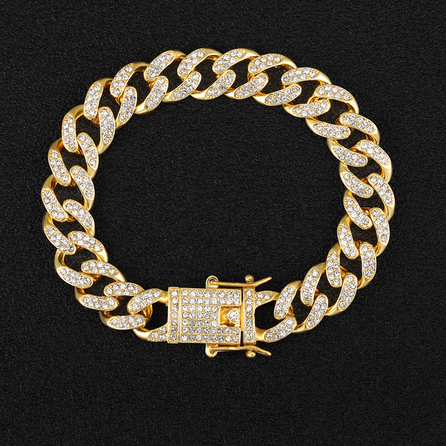 Hop 15MM 2Row Cuban Prong Chain Bling Iced Out Box Buckle Copper AAA+ Cubic Zirconia Bracelet For Men Jewelry