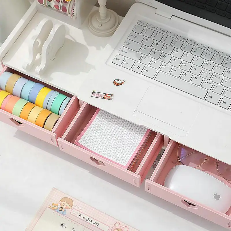 Fashion Pink Monitor Stand With Drawer Girl's Desk Organizer Set Multifunction Desktop Shelf Monitor Riser Stand