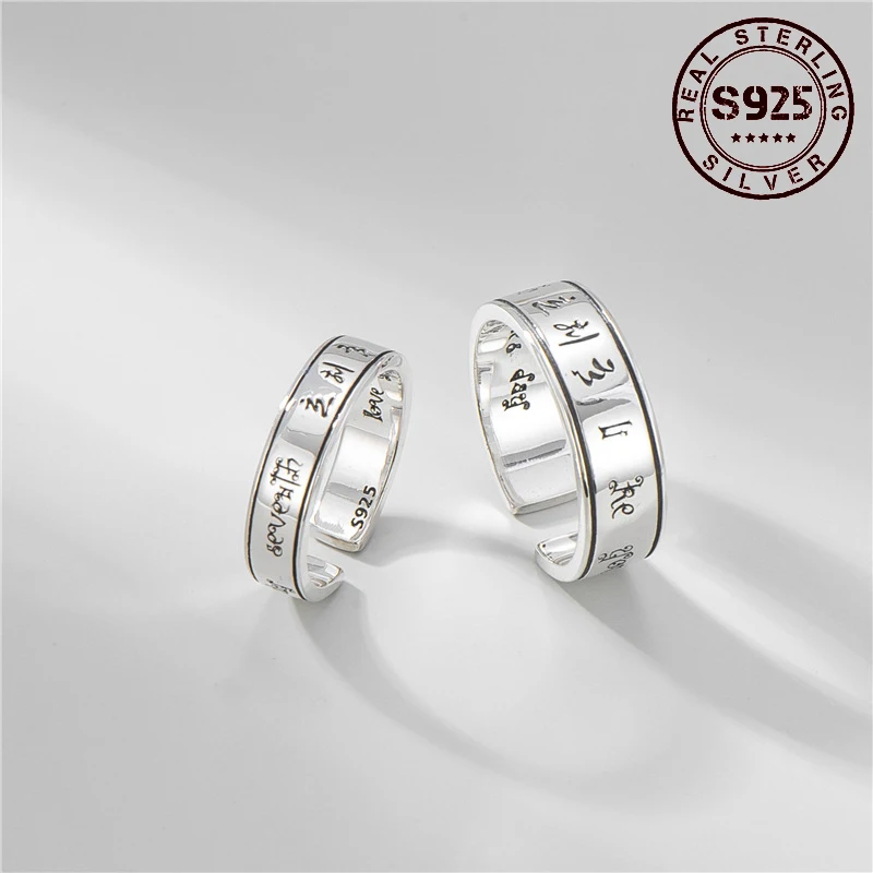 

925 Sterling Silver Rings Six Word Truth Sanskrit Women Silver Ring Resizable Open Rings for Women Silver Jewelry Accessories
