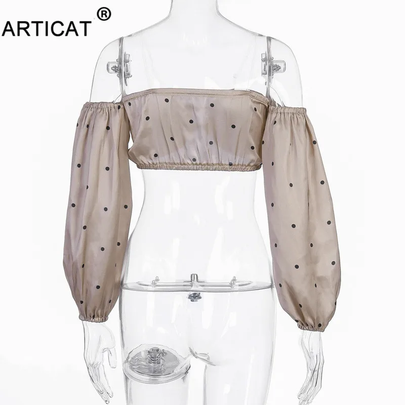Articat/укороченный топ в горошек с открытыми плечами; женские футболки; винтажные короткие футболки без бретелек с длинным рукавом; Повседневные Вечерние футболки на Рождество