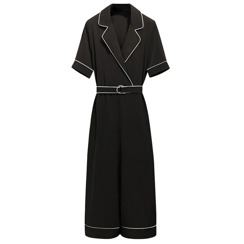

black short sleeve playsuits Jumpsuits Wide leg calf-length pants summer sash pocket notch collar office lady