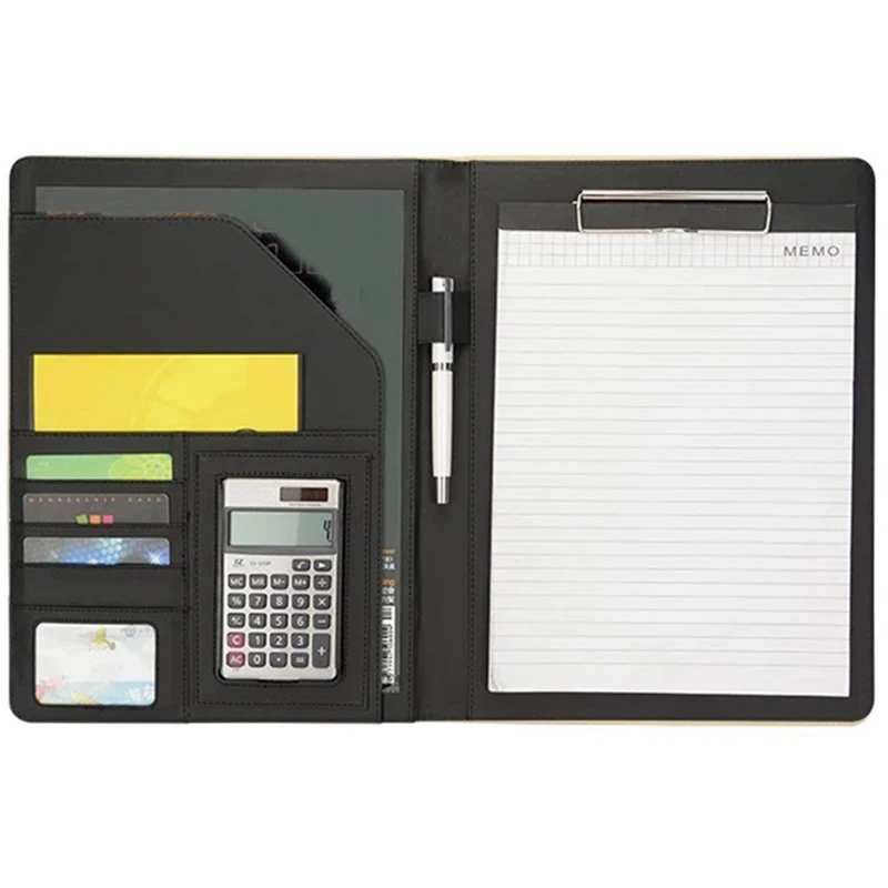 A4 Leather Office Portfolio Organizer Business Padfolio with Solar Calculator and Notebook for Businessman or Interview