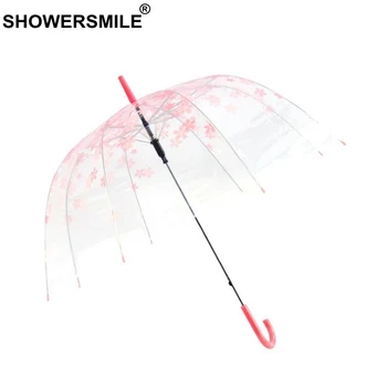 

SHOWERSMILE Sakura Flower Transparent Umbrella For Women Pink Long Handle Romantic Cage Umbrella Rain Birdcage Wedding Parapluie