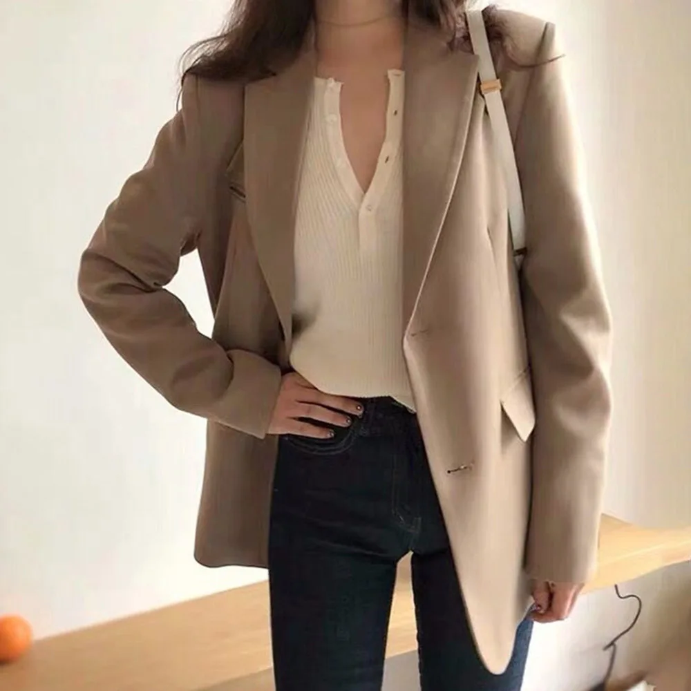 

Korean Style Casual Blazer Women Elegant Loose Casual Solid Business Blazer Long Blazers Loose Jacket Ladies Spring Autumn Suit