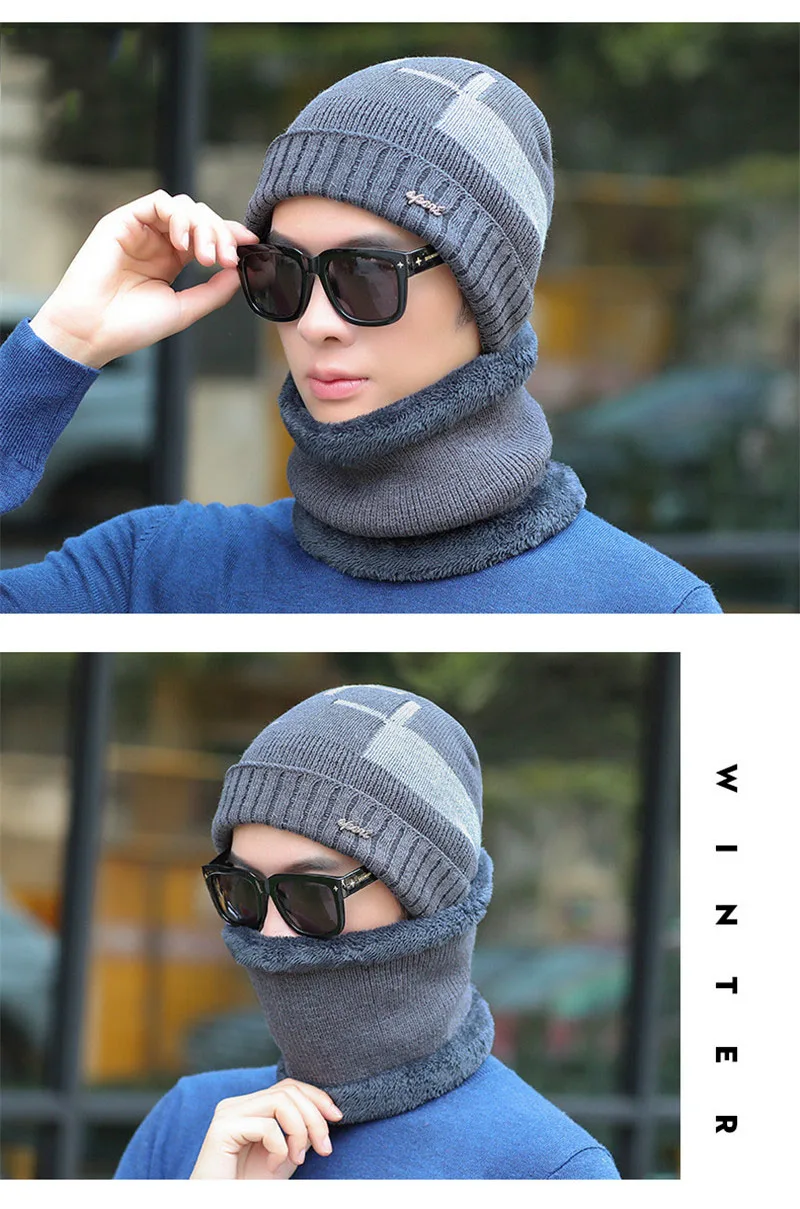 2 шт. модные зимние защитные вязанные шапочки Skullies& Beanies с шарфы-Снуды зимняя шапка для мужчин Лыжные шапки