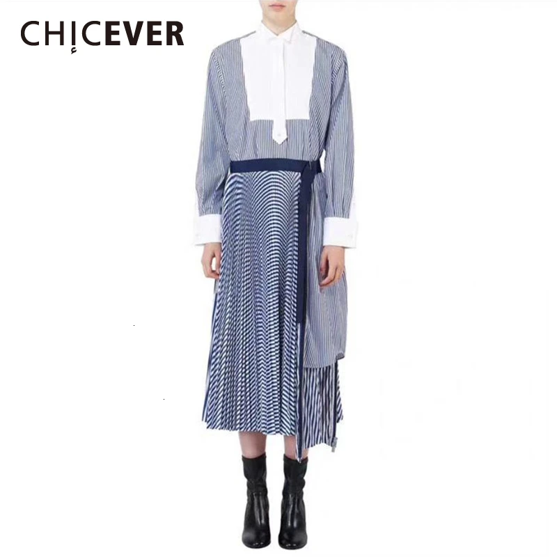 

CHICEVER Casual Striped Hit Color Dresses Female Stand Collar Long Sleeve High Waist Irregular Hem Dress For Women 2020 Clothes