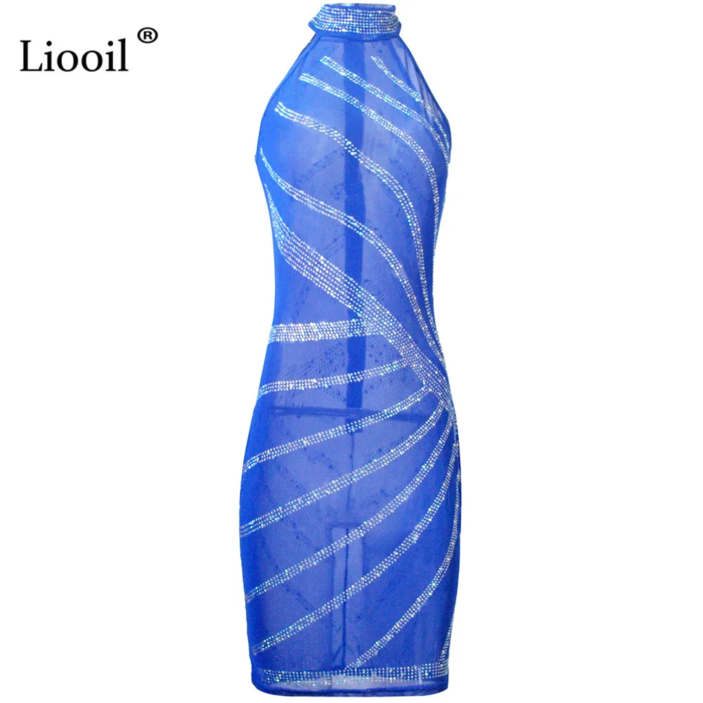 Liooil, стразы, Сетчатое мини платье, Женская Клубная одежда,, без рукавов, с круглым вырезом, прозрачные, черные, сексуальные, обтягивающие платья, женские, вечерние, ночные