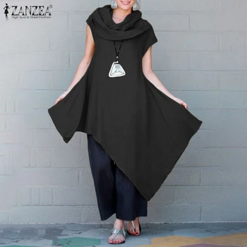 

Plus Size Women Tops Fashion Long Shirts ZANZEA Female Irregular Hem Blusas Elegant Lady Solid Loose Blouse Casual Cotton Tunic