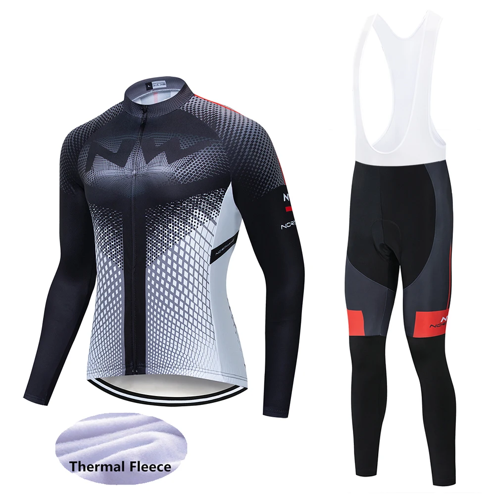 NW Winter thermal fleece Cycling Clothes men's Jersey suit outdoor riding bike MTB clothing warm Bib Pants set - Цвет: Cycling suit