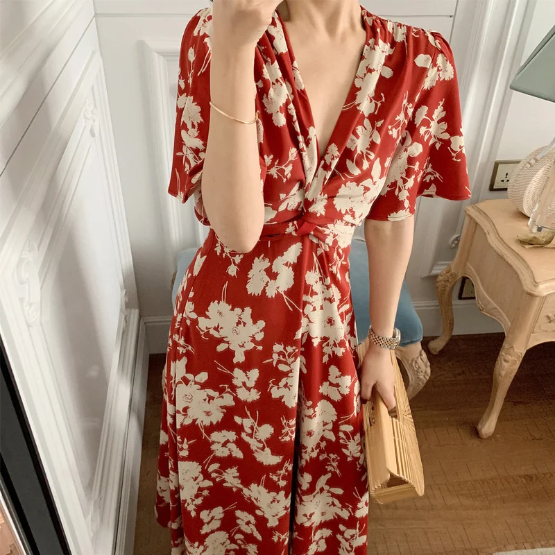 Hepburn Rouje Floral Red French Tea Break Dress Date Super Fairy Forest