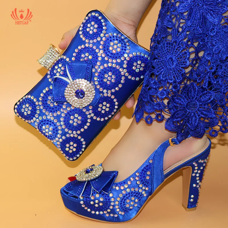 

New Royal Blue Italian Shoe and Bag Set for Party In Women High Heels Sandals African Wedding Shoes and Bag Set with Rhinestone