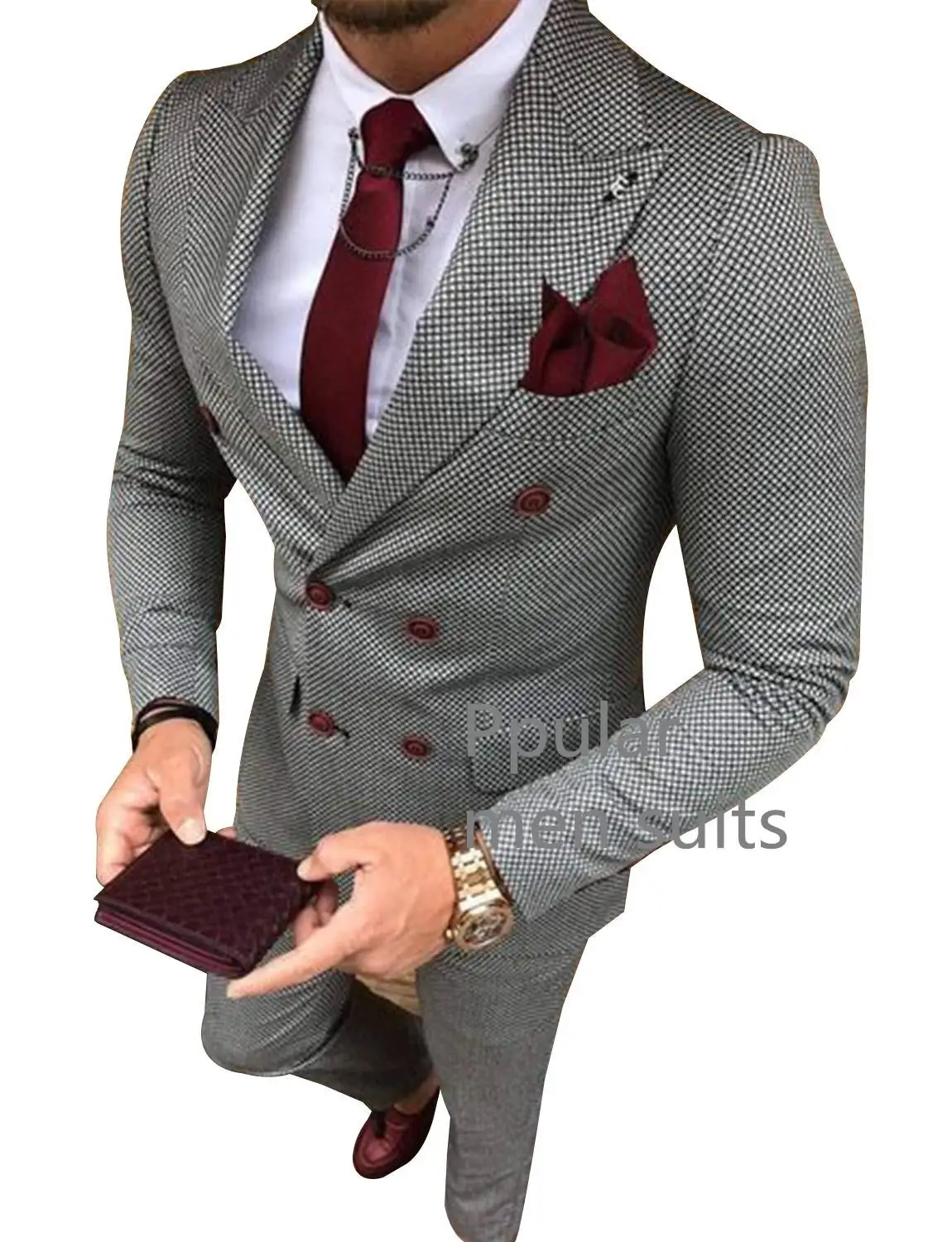 

2019 Houndstooth Custom Made Mens Checkered Suit Dresses Tailored black Weave Check wedding men suits 2 Piece jacket+pants
