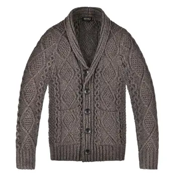

BOTVELA Knitted Aran Cable Sweater Mens Cardigan Fall Winter Wool Blend Coat with Shawl Collar V-neck 203