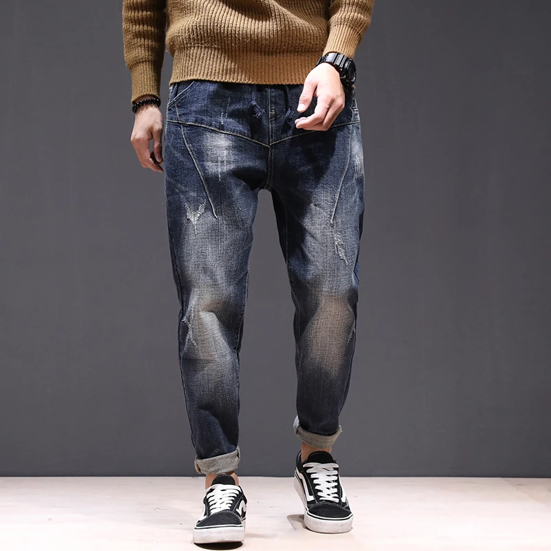 Japanese Style Denim Stretch Elastic Waist Jeans Men Blue Cargo Drawstring Harem Jeans Homme Plus