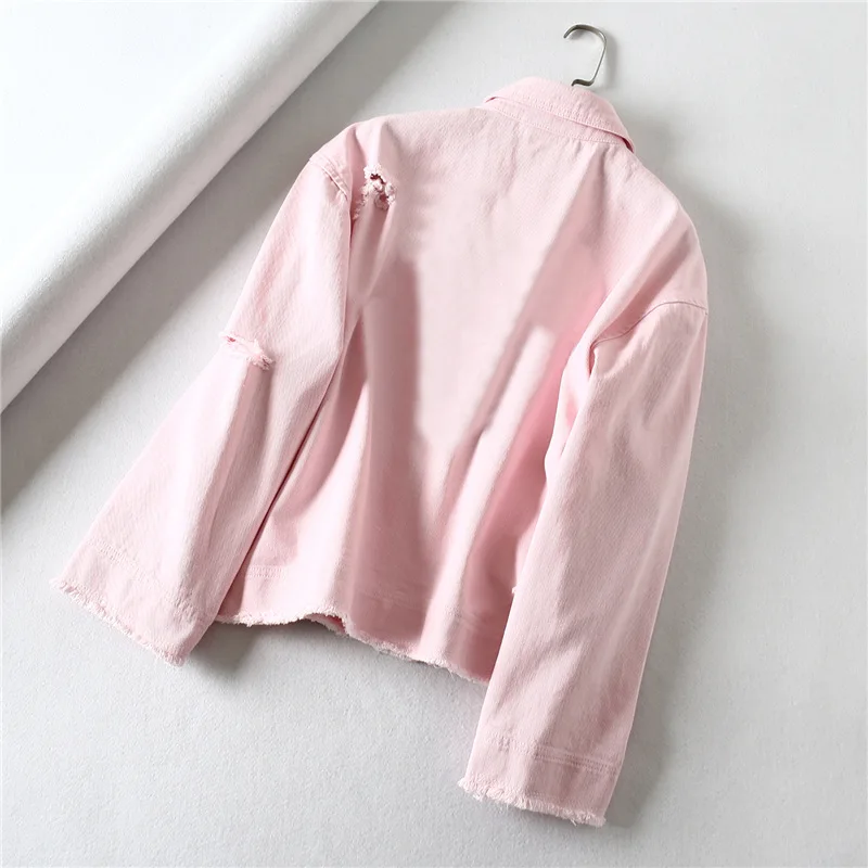 

Kl26 Embroidery Cowboy Short Jacket Women's Spring New Style Loose-Fit Versatile BF Style with Holes Flash Pink Jacket