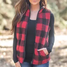 Женский шерстяной свитер, клетчатый Пушистый Жилет, водолазка, Пушистый кардиган на молнии, Зимние Теплые Топы без рукавов, плюшевые флисовые клетчатые свитера