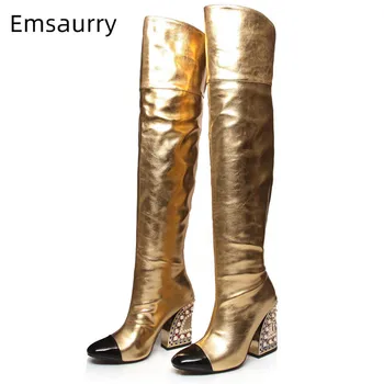 

2020 Slim Over Knee Women Boots Square Toe Mixed Walking Long Bottes Chunky Block High Heel Decor Diamond Luxury Boots Woman
