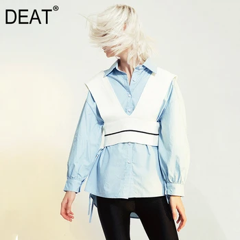 

DEAT Women Blue Big Size Kntting Vest Two Piece Blouse New Lapel Long Sleeve Loose Fit Shirt Fashion Spring Autumn 2020 JO649