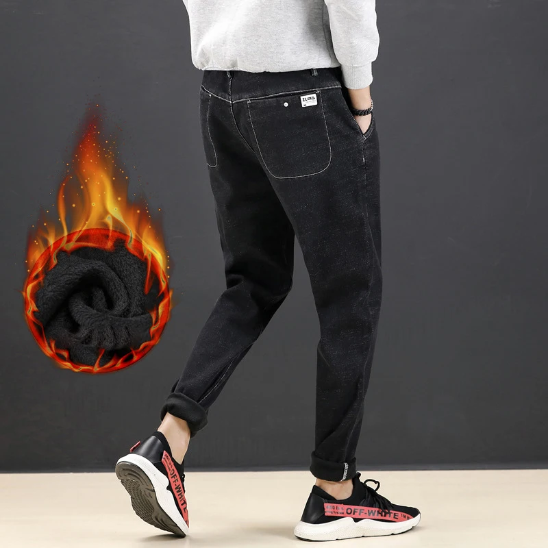 Gersri мужские осенние зимние модные однотонные джинсы повседневные теплые бархатные плюс джинсовые брюки потертые джинсы Homme Большие размеры 5XL 6XL 7XL