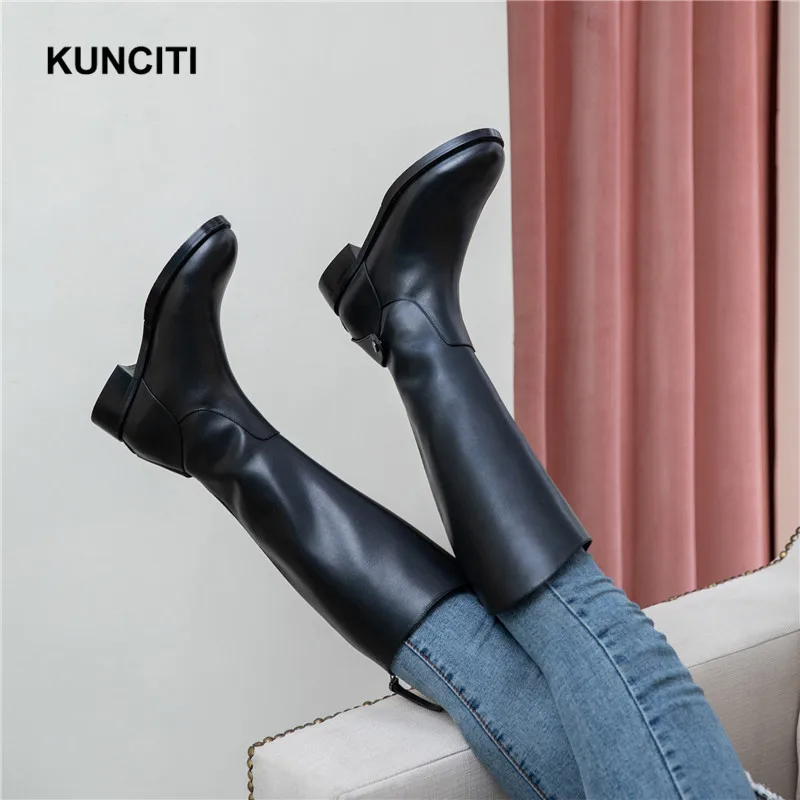 KUNCITI/; черные высокие сапоги; сапоги до колена для верховой езды; женские высокие сапоги с круглым носком; сезон осень-зима; модные дизайнерские сапоги; B917