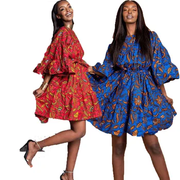 

2020 Summer African Dashiki Casual Fashion Dress for Women Batik Cotton Loose Dress Bazin Riche Beachwear Boho Nigeria Clothes