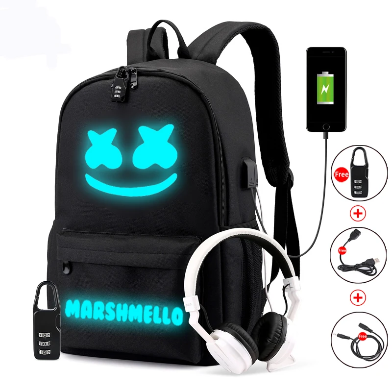 Dj Marshmallow рюкзаки USB зарядка для подростков мальчиков девочек Студенческая сумка для книг дорожная Повседневная светящаяся холст школьный рюкзак - Цвет: Black